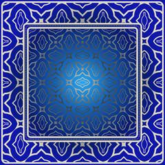 Decorative Colorful Geometric Ornament With Decorative Border. For Fashion Print, Bandanna, Tablecloth, Neck Scarf. Blue silver color