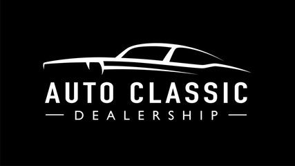 Classic American concept style sports muscle car dealership logo. Retro style V8 auto garage vehicle silhouette icon. Vector illustration.