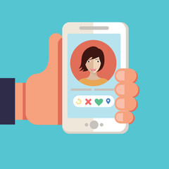 Virtual people relationship or dating. date cartoon isolated. woman female on a screen touch. love heart internet in social media. choose your one tinder