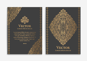 Gold vintage greeting card on a black background. Luxury vector ornament template. Mandala. Great for invitation, flyer, menu, brochure, postcard, wallpaper, decoration, or any desired idea
