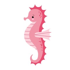 Cute cartoon pink Sea horse isolated. Seahorse on a white background, vector illustration.