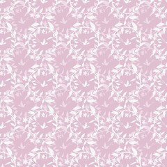 Seamless pink pattern with wreaths and birds.
