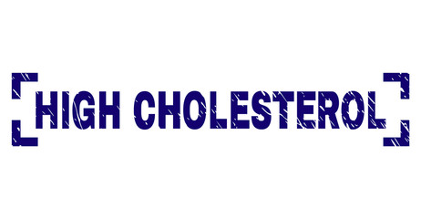 HIGH CHOLESTEROL label seal print with corroded texture. Text tag is placed inside corners. Blue vector rubber print of HIGH CHOLESTEROL with corroded texture.