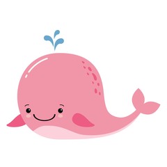 Cute amusing pink whale, prints image, vector illustration
