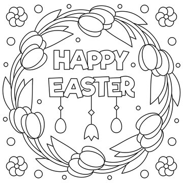 Happy Easter. Coloring page. Wreath. Vector illustration.