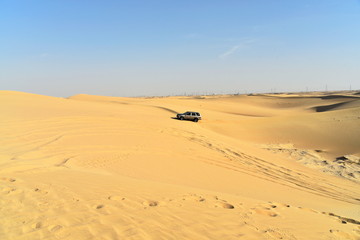 Fototapeta na wymiar Around Lisalli to Al Qudra lakes off-roads and Desert Safari adventure, Dubai, United Arab Emirates