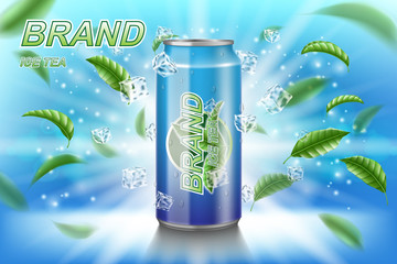 Ice tea label ads with green leaves on blue background. Package design tea drink with ice cubes for poster or banner. Realistic aluminium can mock up. Vector 3d illustration