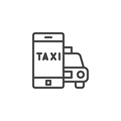 Fototapeta premium Taxi cab ordering app line icon. linear style sign for mobile concept and web design. Mobile phone with taxi car outline vector icon. Symbol, logo illustration. Pixel perfect vector graphics