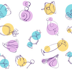 Seamless pattern with various bottles of woman's perfume. The contour is colorful. Endless textures for clothing design, packaging, fabrics, prints, scrabbooking, blog design and gifts.