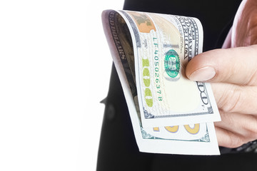 Business man holding money on white background