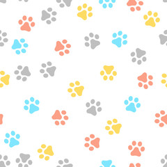 Naklejka na ściany i meble Dog Paw seamless pattern vector footprint kitten puppy tile colorful background repeat wallpaper cartoon isolated illustration white - Vector.