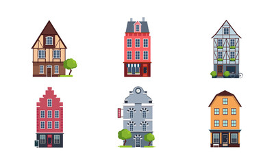 Naklejka premium Colorful European facades of houses set, buildings of different architectural styles vector Illustration