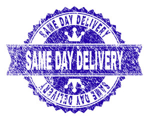 Obraz premium SAME DAY DELIVERY rosette seal imprint with distress style. Designed with round rosette, ribbon and small crowns. Blue vector rubber print of SAME DAY DELIVERY label with corroded style.