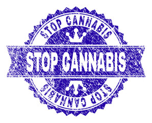 Obraz premium STOP CANNABIS rosette seal watermark with grunge texture. Designed with round rosette, ribbon and small crowns. Blue vector rubber watermark of STOP CANNABIS title with grunge style.