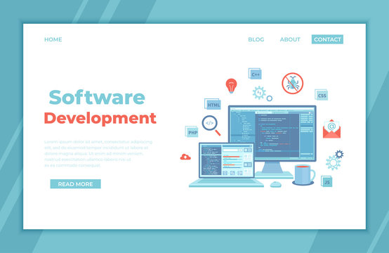 Software Development and Programming. Statistics, app development, data analysis. Program code on laptop and monitor screen. landing page template or banner. Technology concept. Vector