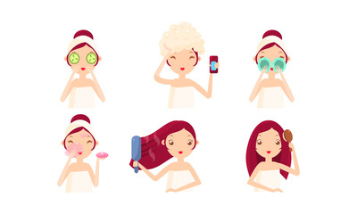 Young woman cleaning and caring her face and hair set, facial cleaning procedures, treatment, hygiene, beauty vector Illustration