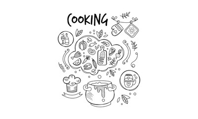 Sketch of ingredients and tools for food preparation. Dinner cooking. Culinary theme. Hand drawn vector icons