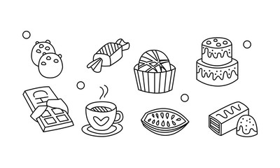 Vector set of hand drawn sweet food an and drink. Delicious chocolate desserts and cup of hot cocoa