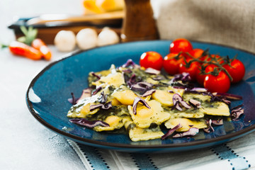 Salmon Ravioli Fondue Of Spinach With Cream