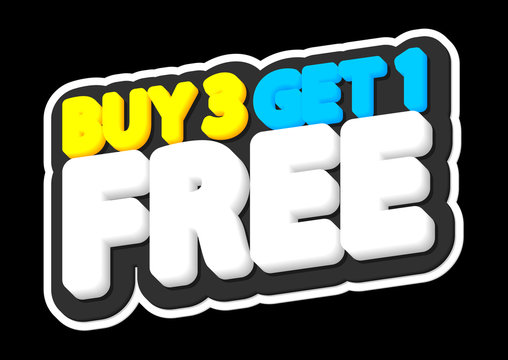 Buy 3 get 1 Free, sale tag, poster design template, discount isolated sticker, vector illustration