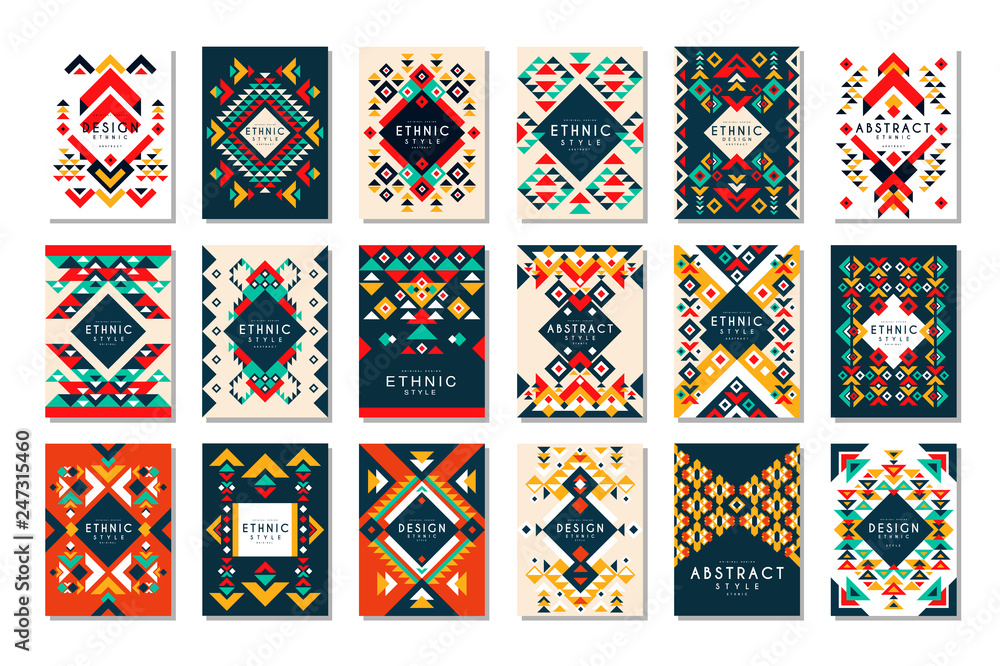 Poster colorful vector set of 9 card templates with geometric shapes. abstract ethnic pattern. elements for