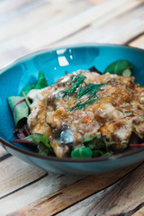 Moussaka, Oriental dish common to Turkey, Greece and the Balkans, consisting of aubergines baked.