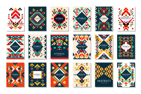 Colorful Vector Set Of 9 Card Templates With Geometric Shapes. Abstract Ethnic Pattern. Elements For Brochure, Flyer Or Poster In Trendy Flat Style