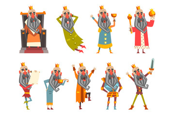 Set of funny king in various clothes. Cartoon character of old bearded man wearing gold crown. Ruler of kingdom. Flat vector design for postcard or children s book