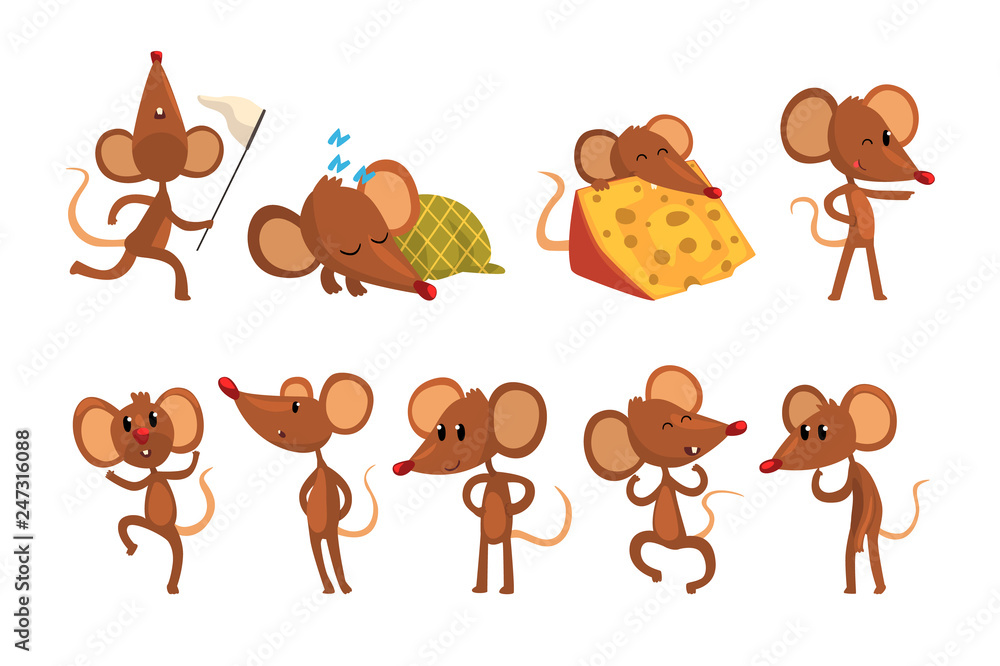Poster set of cartoon mouse character in different actions. running with sweep-net, sleeping, eating cheese