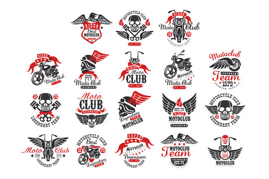 Set of vintage motorcycle club logos, emblems, labels, badges. Monochrome elements with motorbike, skull, eagle and wheel with wing. Vector for t-shirt print or poster