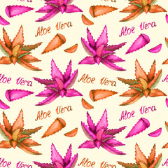 Fototapeta premium Aloe Vera pink and orange plant and cut leaves, hand painted watercolor illustration with inscription, seamless pattern design on soft yellow background