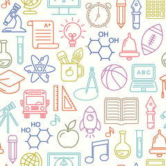 Seamless vector school background. Education pattern with modern line style outline  icons.