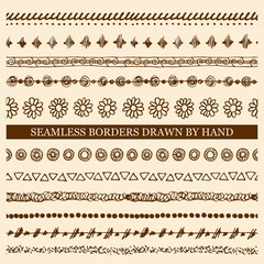 Vector set of hand drawn seamless borders made with ink. Freehand textures for fabric, polygraphy, web design.