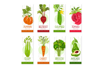 Vertical cards or banners set of fresh vegetables pumpkin, beetroot, cucumber, celery, carrot, broccoli, avocado, spinach, tomato. Hand drawn original vector design