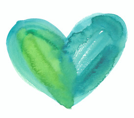 Turquoise blue and bright green heart illustration painted in watercolor on clean white background - 247316697
