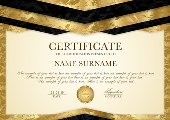 Certificate template with geometry frame and gold badge. Gold background design for Diploma, certificate of appreciation, achievement, completion, of excellence, award