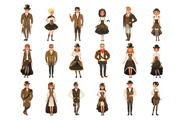 People dressed in historic clothes, man and woman wearing brown fantasy costume set vector Illustrations on a white background © topvectors