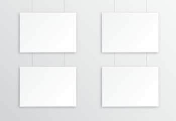 A3, A4 horizontal blank picture frame for photographs. Four Picture in the gallery with suspension . Isolated picture frame mockup template on gray background. Paper-stretched tablet. Vector