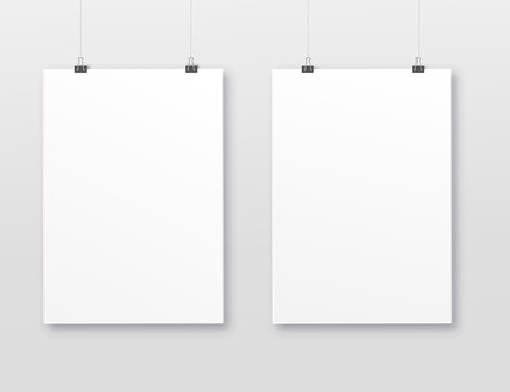 A3, A4 horizontal blank picture frame for photographs. Two Picture in the gallery with suspension . Isolated picture frame mockup template on gray background. Paper-stretched tablet. Binder clips