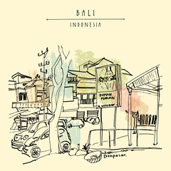 Denpasar, Bali, Indonesia. Vector hand drawn postcard