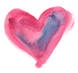 Big bright pink and blue heart painted in watercolor on clean white background