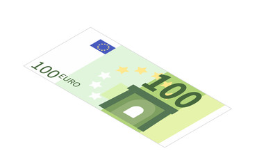 Flat one hundred euro banknote in isometric view on white