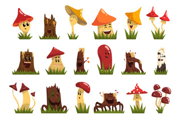 Funny mushrooms characters set, cute humanized forest mushrooms and stamps with smiling faces vector Illustrations