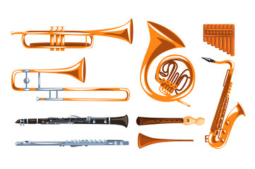 Musical wind instruments set, saxophone, clarinet, trumpet, trombone, tuba, pan flute vector Illustrations i on a white background - obrazy, fototapety, plakaty