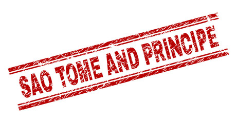 SAO TOME AND PRINCIPE seal print with corroded style. Red vector rubber print of SAO TOME AND PRINCIPE text with unclean texture. Text tag is placed between double parallel lines.