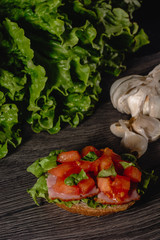 Delicious Italian antipasti bruschetta with chopped tomato, meat pate, sauce, cream cheese and salad leaves. Set of tasty appetizer sandwiches.
