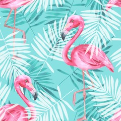 Tropical seamless pattern with flamingos and palm leaves. Watercolor illustration - obrazy, fototapety, plakaty