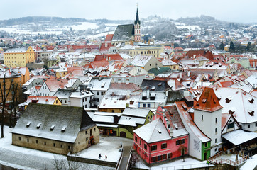 Beautiful top view of historic center of Cesky Krumlov, Czech Republic