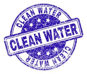 CLEAN WATER stamp seal watermark with grunge texture. Designed with rounded rectangles and circles. Blue vector rubber print of CLEAN WATER label with retro texture.