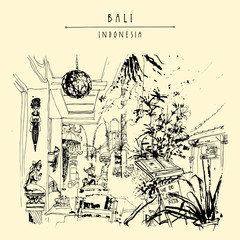 A cafe in Ubud, Bali, Indonesia, Asia. Hand drawing. Travel sket